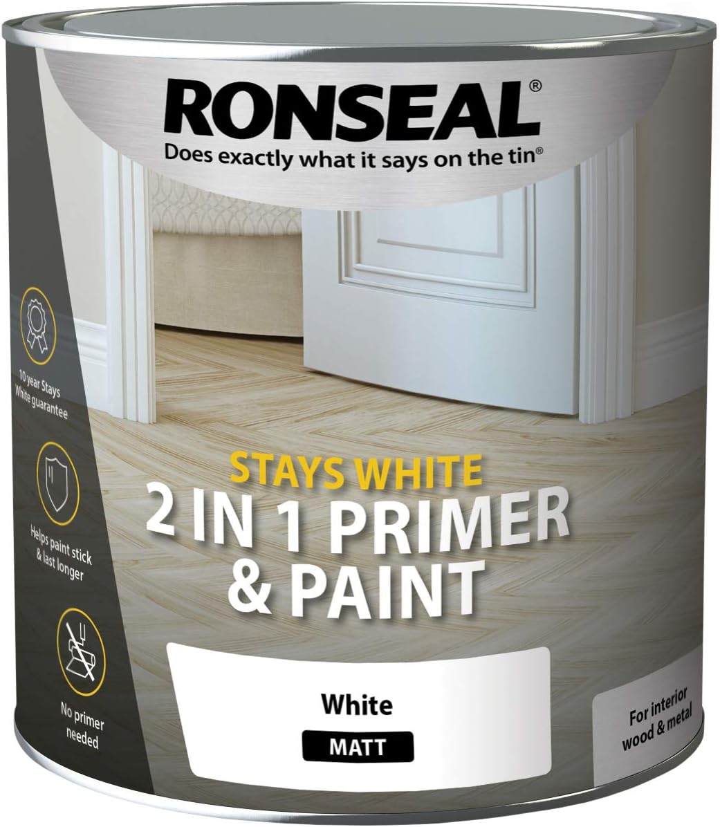 Ronseal RSLSW21MP25L Stay 2-in-1 Matt Paint, White, 2.5 Litre, 2.5 l (Pack of 1)