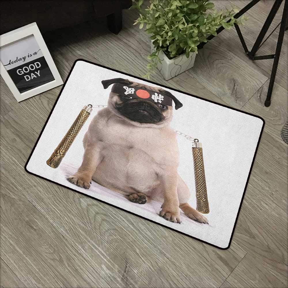 Corridor Door mat W19 x L31 INCH Pug,Ninja Puppy with Nunchuk Karate Dog Eastern Warrior Inspired Costume Pug Image, Cream Black Gold with Non-Slip Backing Door Mat Carpet