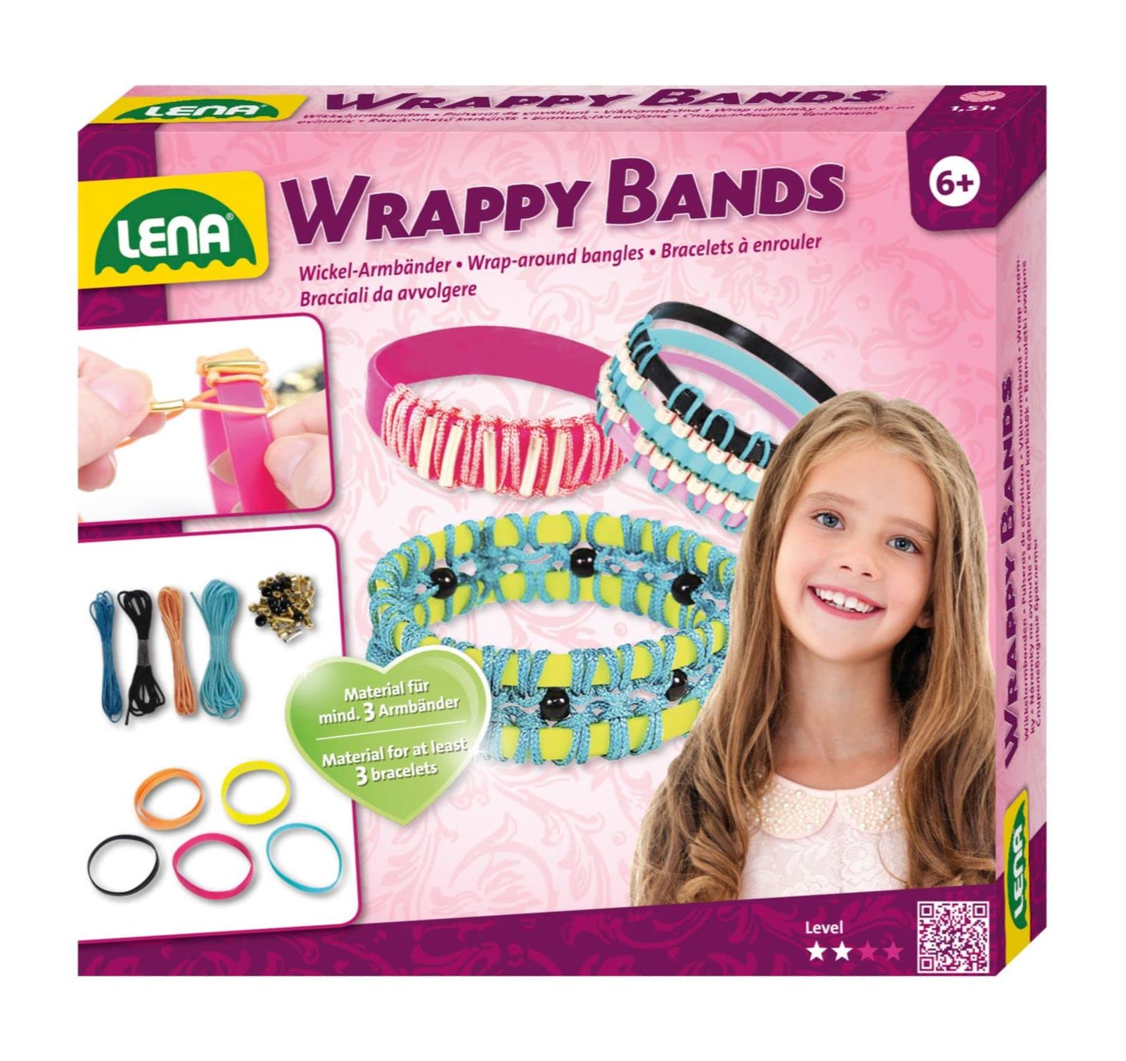 Lena 42652 - Craft set Wrappy Bands, set for 3 wrap-around armbands with 7 silicone ribbons in 5 colours, threads in 4 colours and 48 threading beads, jewellery craft set for kids from 6 years Multicolour