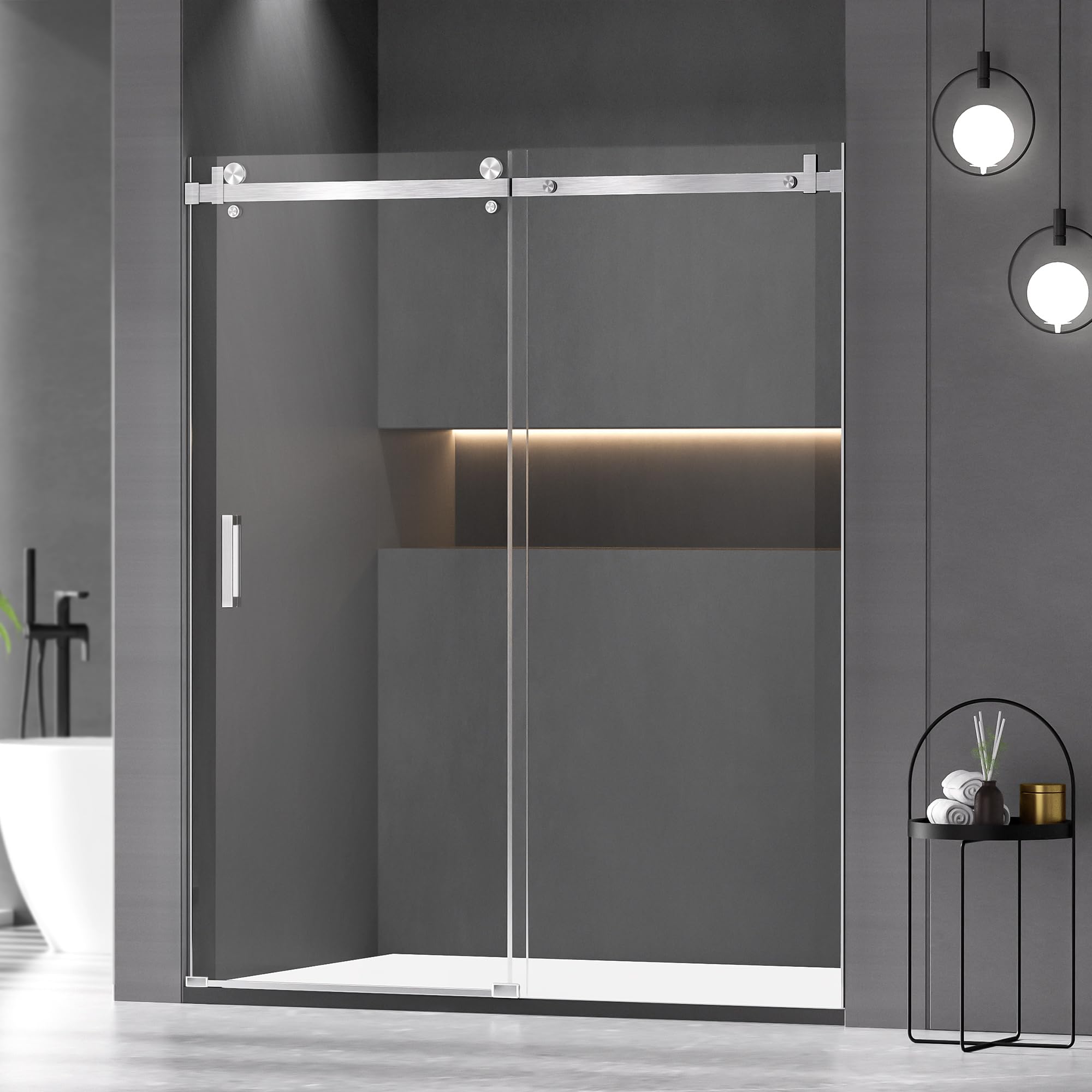 Photo 1 of Shower Door, 56-60" W x 72" H Frameless Shower Door, Shower Glass Door with 5/16" (8mm) Clear SGCC Tempered Glass, one Pull Handle, Stainless Steel Hardware?Brushed Nickel