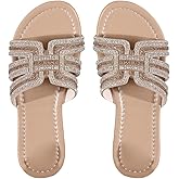 Verdusa Women's Rhinestone Glitter Dressy Sandals Faux Leather Open Toe Flat Sandals