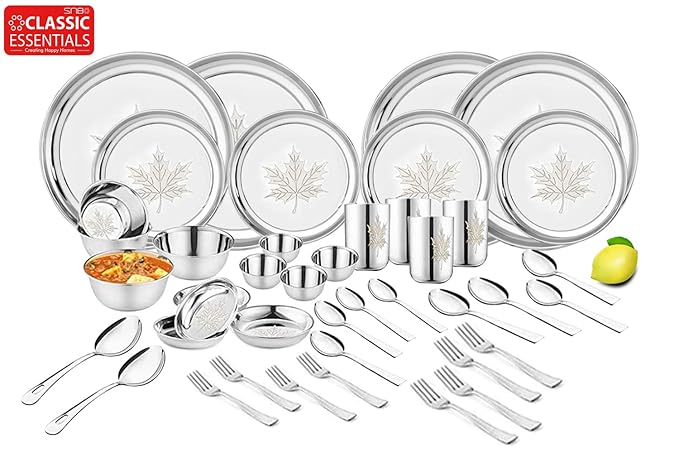 Classic Essentials Heavy Gauge with Permanent Laser Design Stainless Steel 42-Pieces Maple Dinner Set, Silver