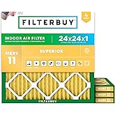 Filterbuy 24x24x1 Air Filter MERV 11 Superior Pet & Allergy Defense (4-Pack), Electrostatic Pleated HVAC AC Furnace Filters Replacement, Made in USA (Actual Size: 23.38 x 23.38 x 0.75)