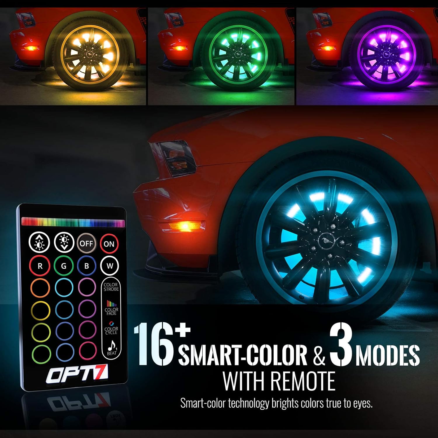 OPT7 Aura Wheel Well RGB LED Kit w/Wireless Remote, Multicolor Tire Rim Lights for Cars | 3-Into-1 16+ Smart-Color Waterproof Strips w/SoundSync (Single Row): Automotive