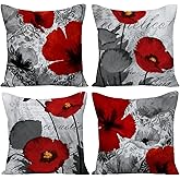 Wilproo Black Red Flower Pillow Covers Love Pillow Covers Decorative Linen Square Throw Pillow Covers Couple Cushion Cases Home Decor for Sofa Bedroom Car 18x18 Inch
