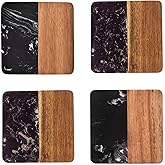 I-LAN 4 Pack Acacia Wood and Black Marble Style Coasters, 4x4 Inch Square Modern Drink Coasters Set, Decorative Mixed Material Coasters for Coffee Table, Bar, and Housewarming Gift