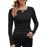 GEMBERA Womens Ribbed Long Sleeve Crewneck Casual Slim Basic Shirts Fitted Knit Tops