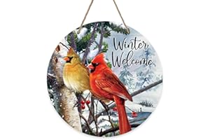 Deroro Winter Welcome Cardinal Red Birds Front Door Sign, Branches Berry Snow Wood Door Hanger Outdoor Outside Porch Decor, Christmas Holiday Seasonal Wooden Wreath Indoor Wall Hanging Decoration