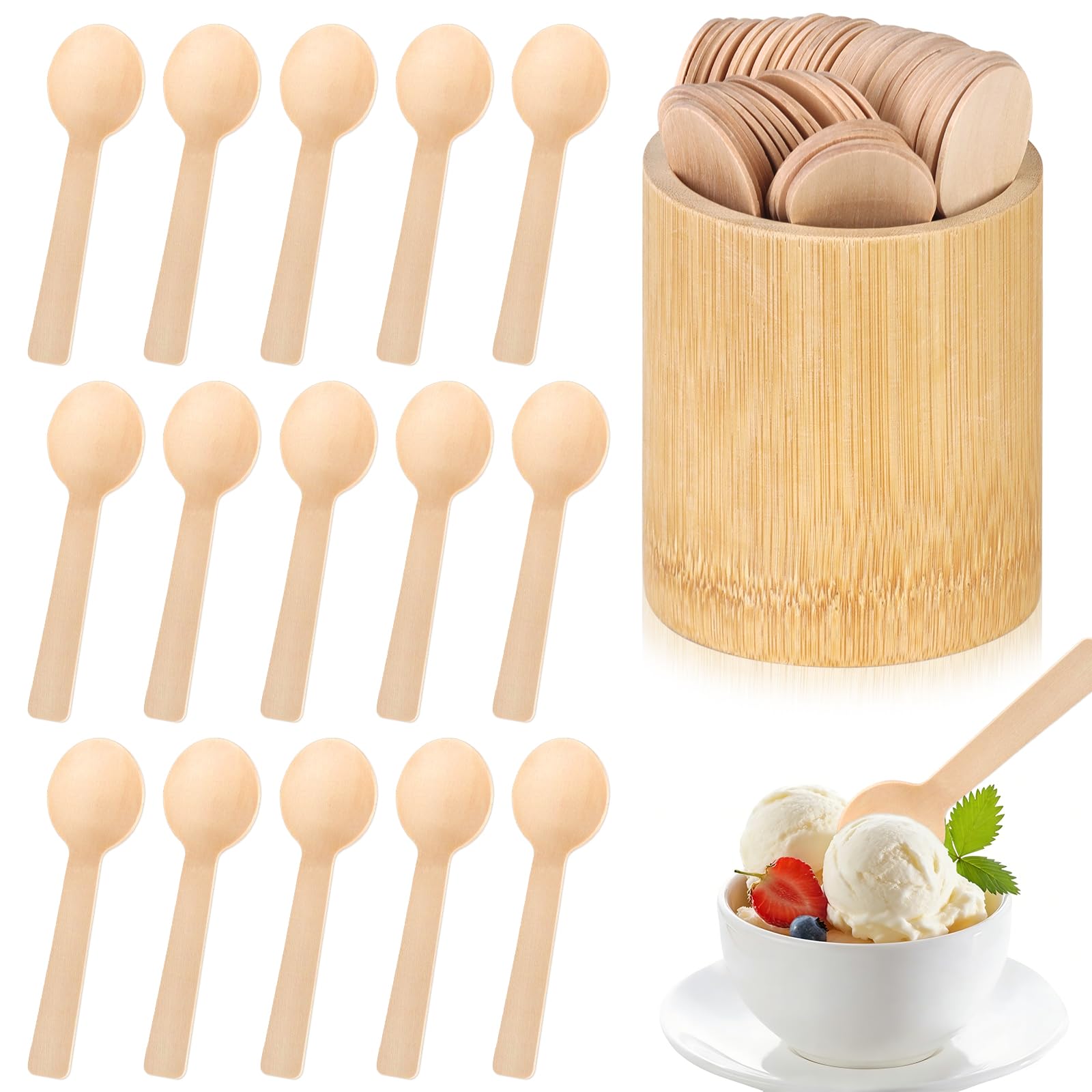 Photo 1 of 100 PCS Wooden Tasting Spoons Disposable with Bamboo Utensil Holder 4 Inch Mini Wooden Spoons Bulk Small Compostable Spoons Tiny Spoons Ice Cream Spoons Dessert Spoons Set for Party Wedding Camping
