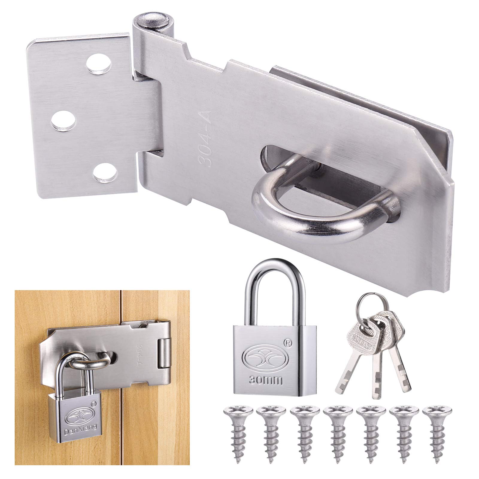 Fentar Door Hasp and Staple with Padlock, 3 Inch Stainless Steel Door Lock with Keys and Screws, 90-Degree Garden Gate Padlock, Bedroom Door Lock, Gate Locks for Shed Wooden Gate Storage Box