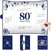 Eiurteao Large 80th Birthday Guest Book Card with Envelope Decorations for Men, Blue Silver Happy 80 Birthday Signature Book Jumbo Card Party Supplies, Giant Sweet Eighty Bday Greeting Card Decor