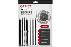 Office Werks Secure Ballpoint Pen With Chain And Desk Pen Holder Adhesive, Reception Counter Pen With 26" Ball Chain, 4 Pens With Chain Attached Per Pack, Rubber Grip, Black Ink, Easily Refillable