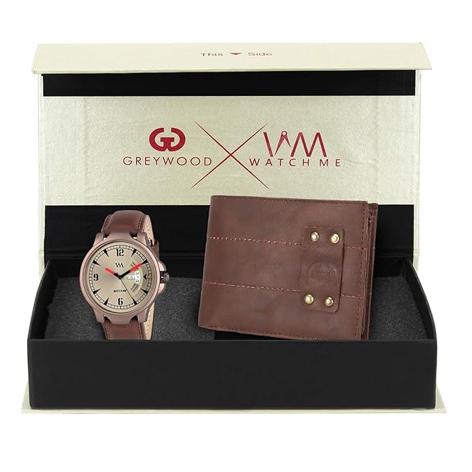Watch Me X Greywood Mens Brown Leather Wallet & Day Date Analog Watch Combo Gift Set WMGW-010-DDWM-018p4