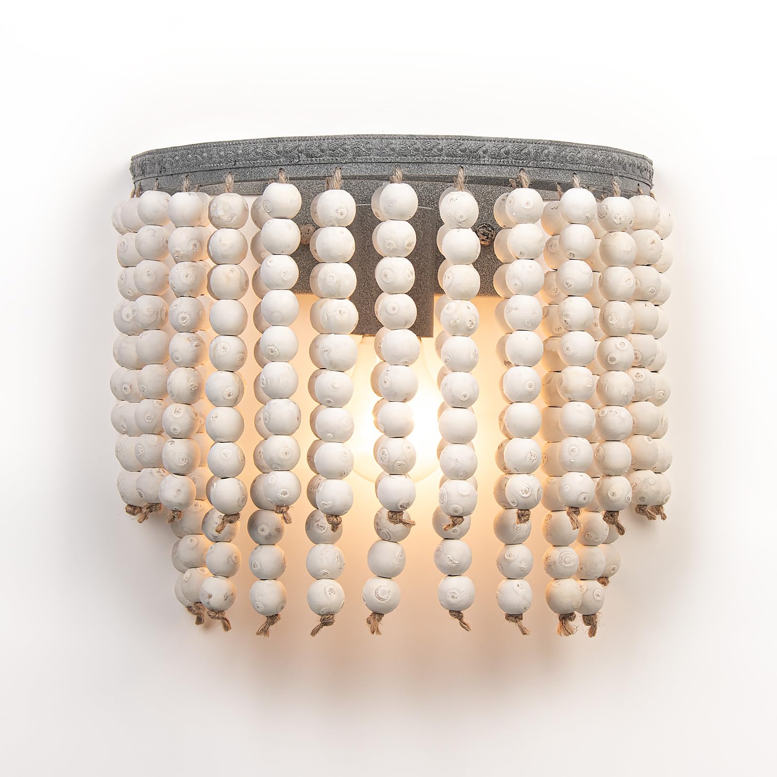 JCPYIUL Vintage Wood Beaded Wall Light Bohemia Sconce Lamp Country Style Farmhouse Lighting for Bedroom Hallway Entrance Passage Living Room (White)
