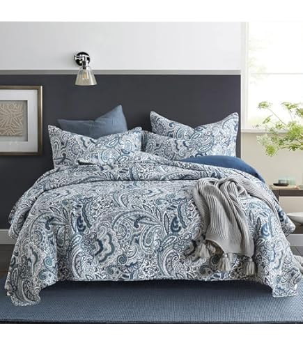 Coperta Matrimoniale King Size Linen Market Jacobean Duskblue - Trapunta Lunga Con Volant E Schienale A T, Regalo Perfetto