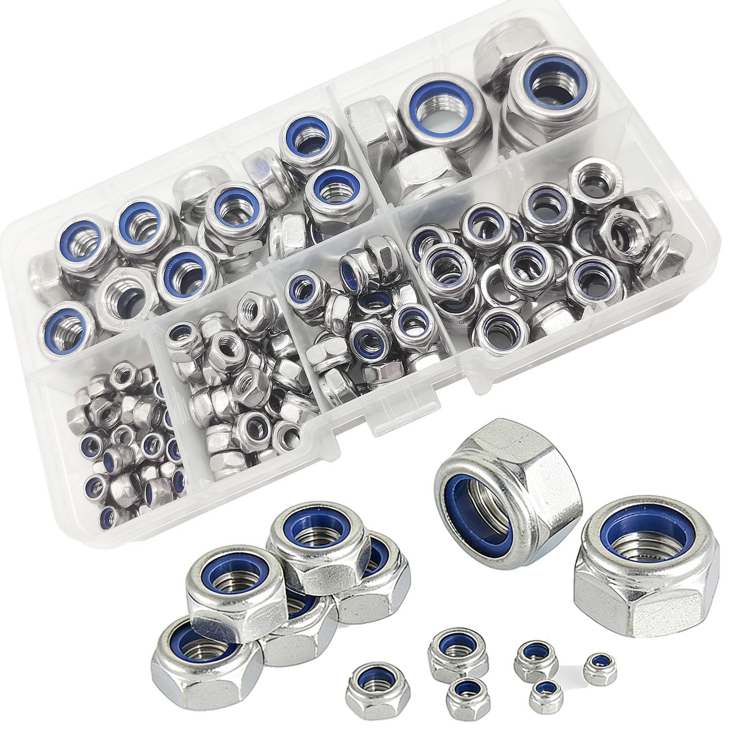 WeqeYent 150 Pcs M12/M10/M8/M6/M5/M4/M3 Hex Lock Nuts Stainless Steel Nylon Insert Lock nut Assortment Threaded Inserts Hex Nut Set Assorted Nylon Locking Nuts(Silver) — image 1