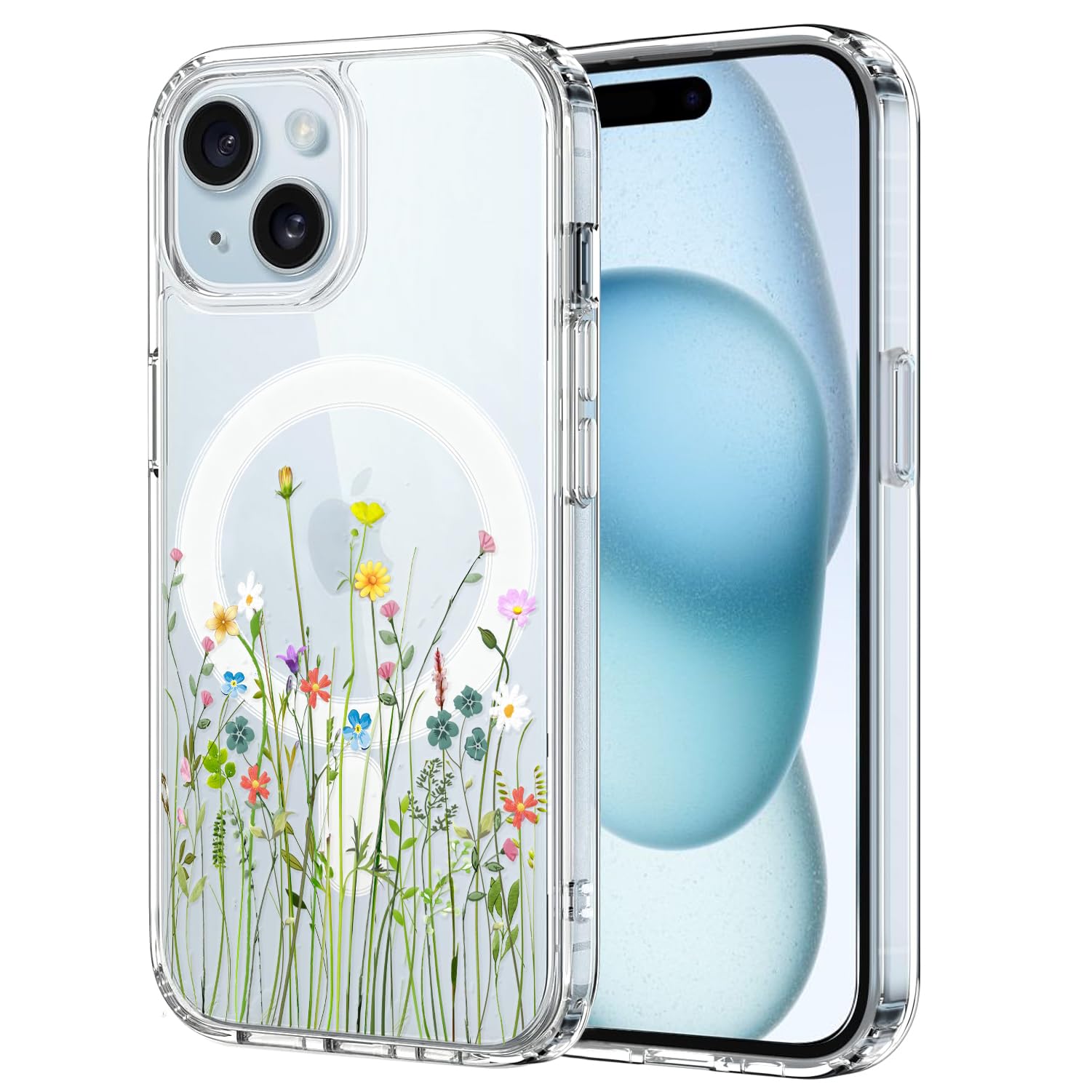 Unov Case Compatible with iPhone 14 iPhone 13 Case Magnetic Clear with Design Compatible with MagSafe Slim Protective Soft TPU Bumper with Hard PC Back Embossed Pattern (Flower Bouquet)