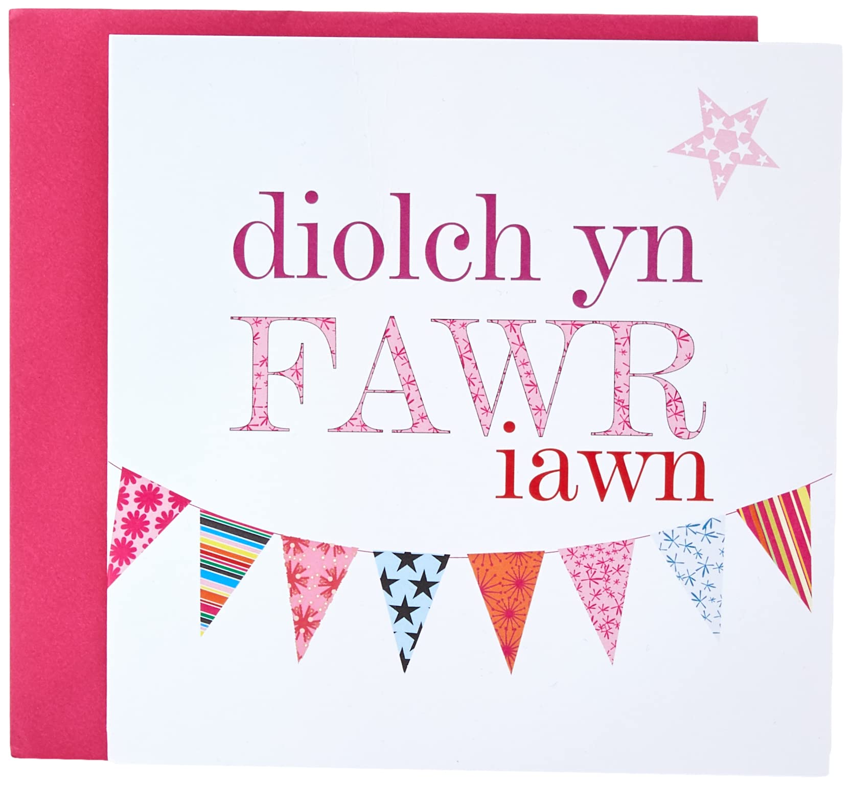 Claire Giles Greeting Cards, Welsh Thank You Card, Pink Bunting Design Thank You Greeting Card