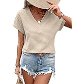 EVALESS Womens Cap Short Sleeve Textured Tops Summer Dressy Casual V Neck Solid Loose Basic T Shirts Tee Blouses