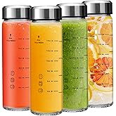 Olivego 16oz Juice Bottles - 4 Pack Wide Mouth Glass Bottles with Lids- BPA Free, Stainless Steel Lids for Juicing, Smoothies, Infused Water, Beverage Storage - Leakproof, Borosilicate, Clear