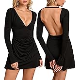 Parthea Sexy Deep V Neck Long Sleeve Mini Dress for Women Ruched Bodycon Backless Party Date Night Cocktail Dresses