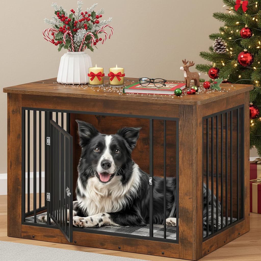 View 1 of ***FINALE SALE/NO RETURN, SOLD AS PARTS ONLY*** YITAHOME Dog Crate Furniture for Large Dogs, Side End Table, Modern Dogs Kennel Indoor up to 60 lb, 2-in-1 Iron-Wood Fusion Dog Cage with Waterproof Top, Safety Corners, Steel Lock,38"L, Rustic Brown