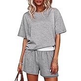 Tankaneo Womens Short Sets 2 Piece Summer Vacation Outfits Short Sleeve T-shirts Elastic Waist Shorts Matching Set