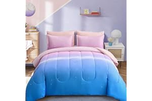 Dinjoy Girls Comforter Set Full Size Colorful Rainbow Ombre Pink Blue Bedding Set Gradient 7 Pieces Bed in A Bag for Kids Teen Girl Women(1 Comforter, 1 Flat Sheet, 1 Fitted Sheet)