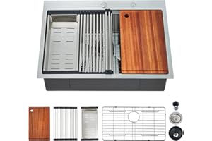 EcoChannels 25 x 22 Inch Kitchen Sink, Drop In Stainless Steel Single Bowl Workstation Sink,with Cutting Board,for Kitchen, Laundry, Utility Room