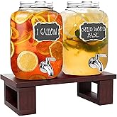 2Pack Large Drink Dispensers for Parties, Glass Beverage Dispenser with Solid Wood Stand, 1 Gallon Water Drink Dispenser with Stainless Steel Spigot & Filter for Lemonade, Juice, Sun Tea & Punch