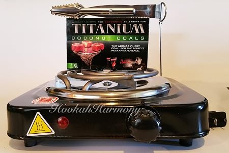Amazon Com Hookahharmony Hookah Charcoal Coco Burner 1100 Watt Hot Plate Free Titanium Coals Shisha Tongs Black Electric Nara Heater Single Coil Stove Everything Else
