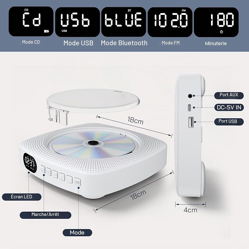 Lecteur CD Portable Bluetooth pour Maison et extérieur, avec Haut-parleurs, Batterie Rechargeable 4000 mAh, Radio FM, Lecture USB, télécommande, Fixation Murale et Support de Bureau