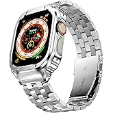 SUPLINK Stainless Steel Case with Bands Compatible with Apple Watch Ultra 2 Band/ 1/ Apple Watch Ultra 3 Band 49mm, Metal Rugged Protective Bumper Adjustable Strap for iWatch Bands Men, Silver