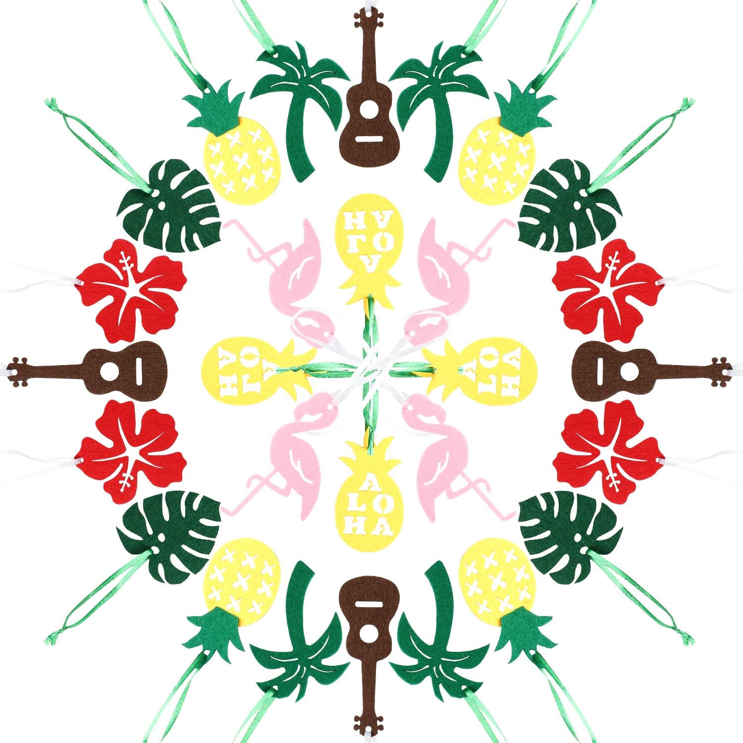 WATINC 28pcs Hawaiian Felt Ornament Set, Hawaii Ornaments for Tree, Flamingo Palm Leaves Hanging Decoration, Pineapple Shaped Cutouts, Decor for Summer Tropical Beach Party, Aloha Luau Party Supplies