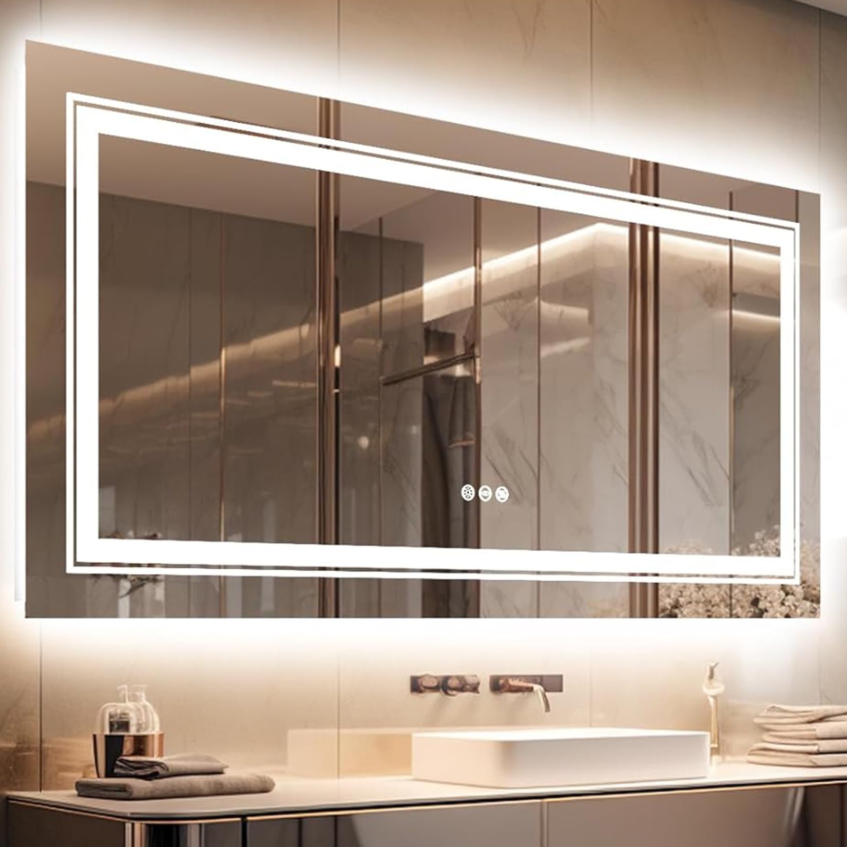 LUVODI Bathroom Mirror LED Lighted: 1050x500mm Illuminated Wall Mounted Vanity Mirror with Anti-fog Touch Button Double Lighting Backlit Mirror for Makeup Shaving Dressing, Horizontal or Vertical