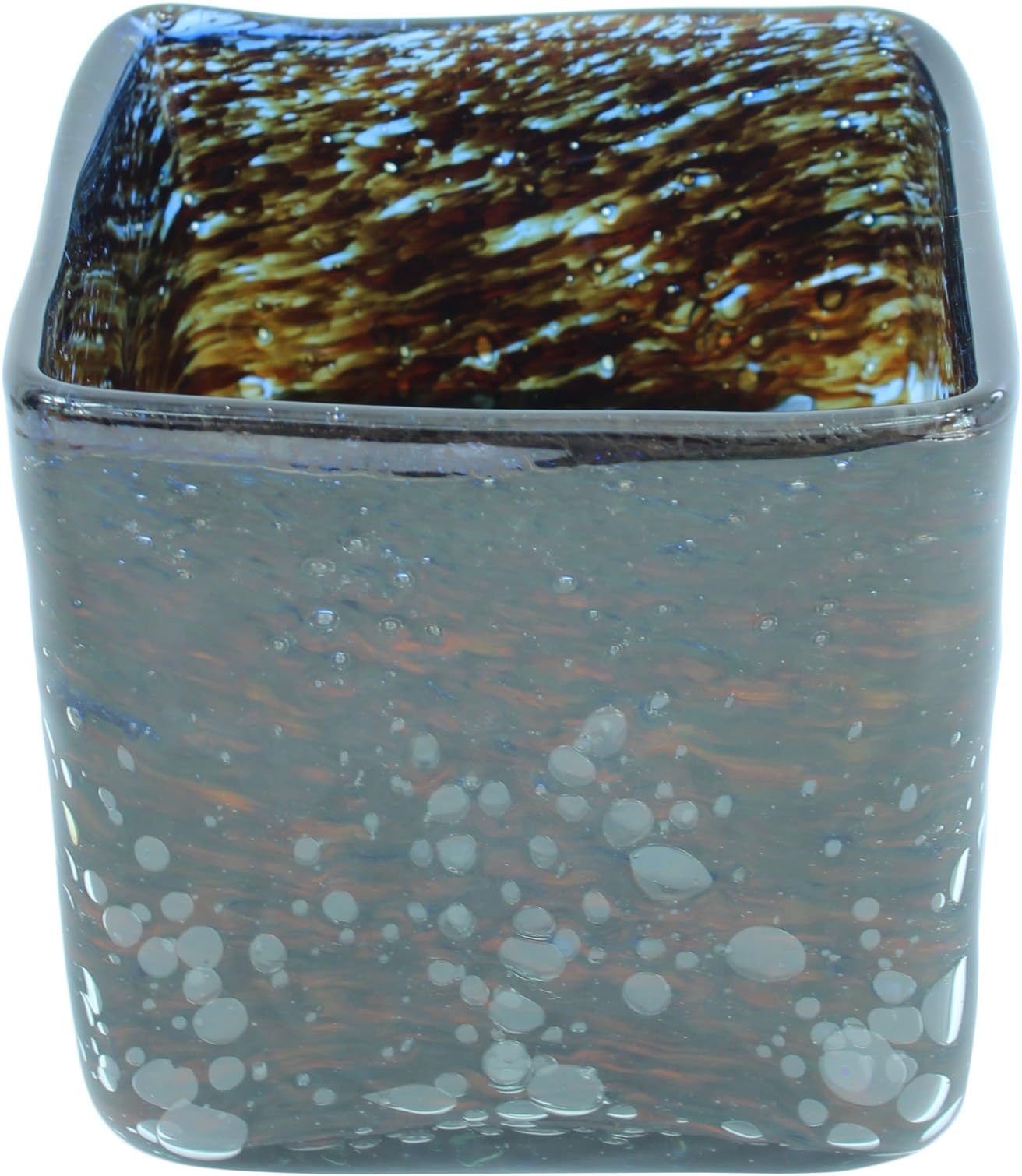 Home Decoration Handmade Bubble Dark Brown Square Thick Walled Recycled Glass Candle Holder, H = 10 cm