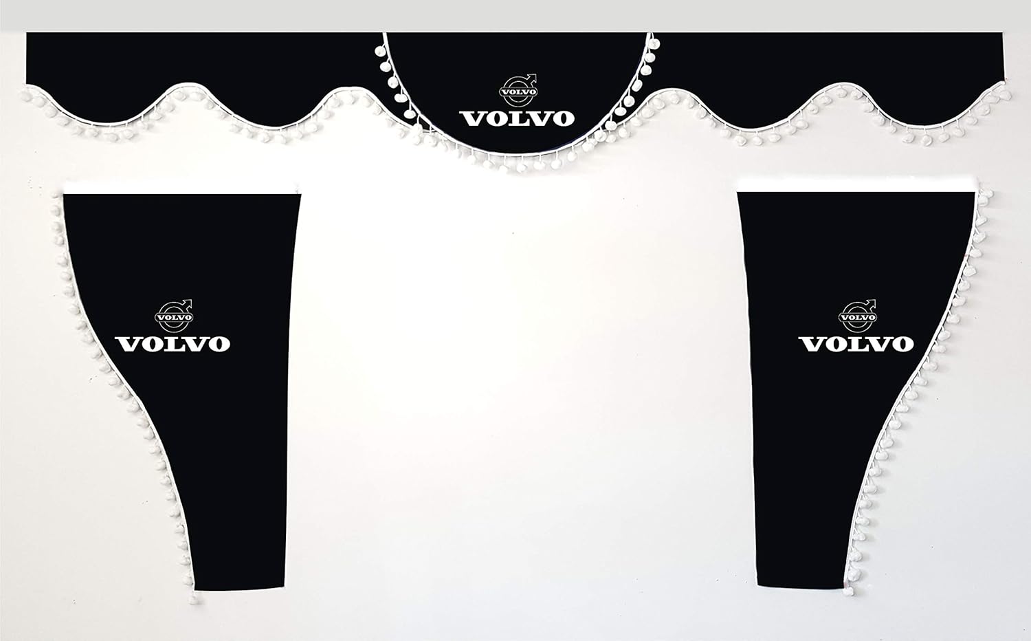 Set Of 3 Black Curtains With White Pom Poms Universal Size Truck