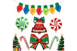 Christmas Foil Balloon Set - Colorful Light Bulb String, Merry Christmas Bell, Peppermint Lollipop & Candy Cane Balloons for 
