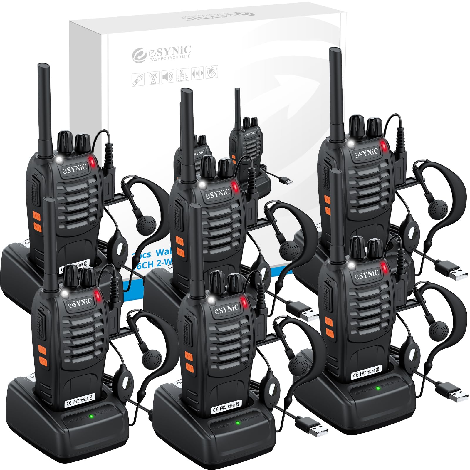 eSynic 6Pack Professional Walkie Talkies for Adults Rechargeable Walkie Talkies Best 16CH Walkie Talkie Long Rang VOX Radio Walky Talky With Earpieces Wonderful Gifts For Adults Kids etc