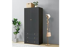 LEVNARY Wardrobe Armoire Closet, 2-Door Wardrobe Cabinet with 3-Drawer and Hanging Rod, Bedroom Armoire Cabinet Clothing Organizer Freestanding Closet (Black)