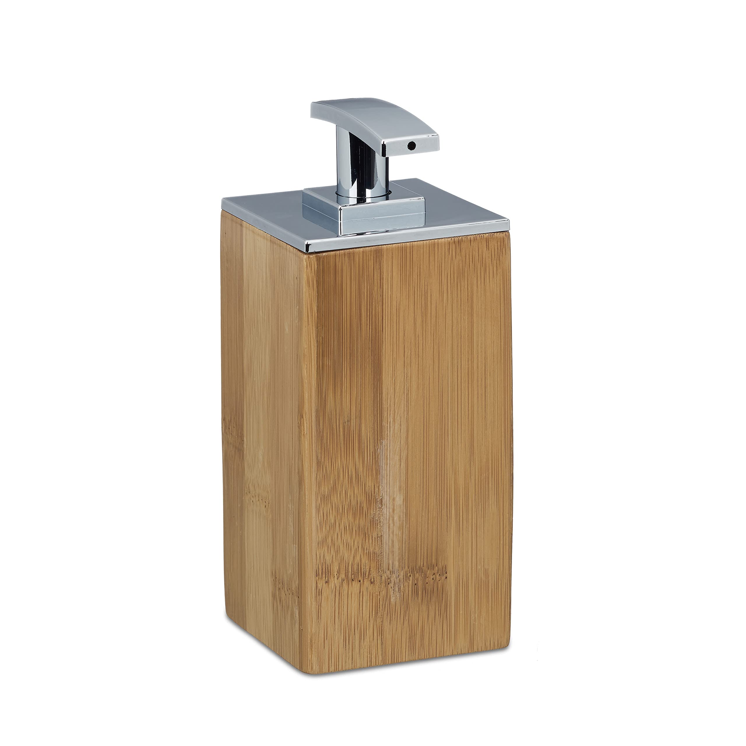 Relaxdays Bamboo Soap Dispenser, Refillable, Square, Size: 17 x 7 x 7 cm, Lotion Dispenser, 225 ml, Wood, Natural