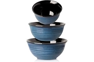 Hasense Mixing Bowls, Ceramic Serving Bowls Set for Cooking, Baking, Prepping, Large Nesting Bowls for Salads, Fruit, Popcorn, Christmas Gift, 2.1/1.5/1.0 Qt, Dishwasher & Microwave Safe, Blue