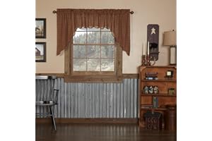 VHC Brands Burgundy Check Primitive 36"x36"x16" Swag Pair Red Rod Pocket Cotton Kitchen Window Curtains
