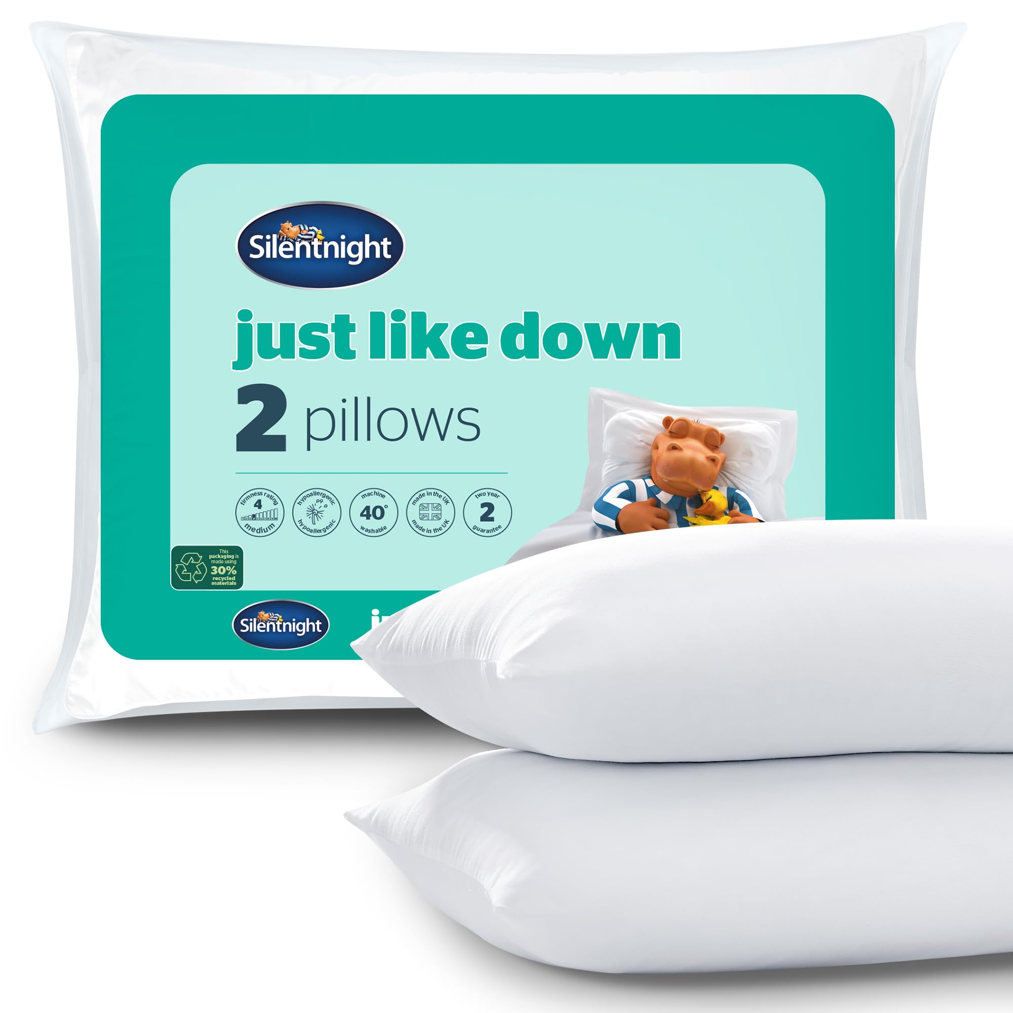 Silentnight Just Like Down Pillows Pack of 2 - Soft Medium Support Comfy Pillows with Just Like Down Filling for Extra Comfort - Hypoallergenic and Machine Washable - 2 Pack