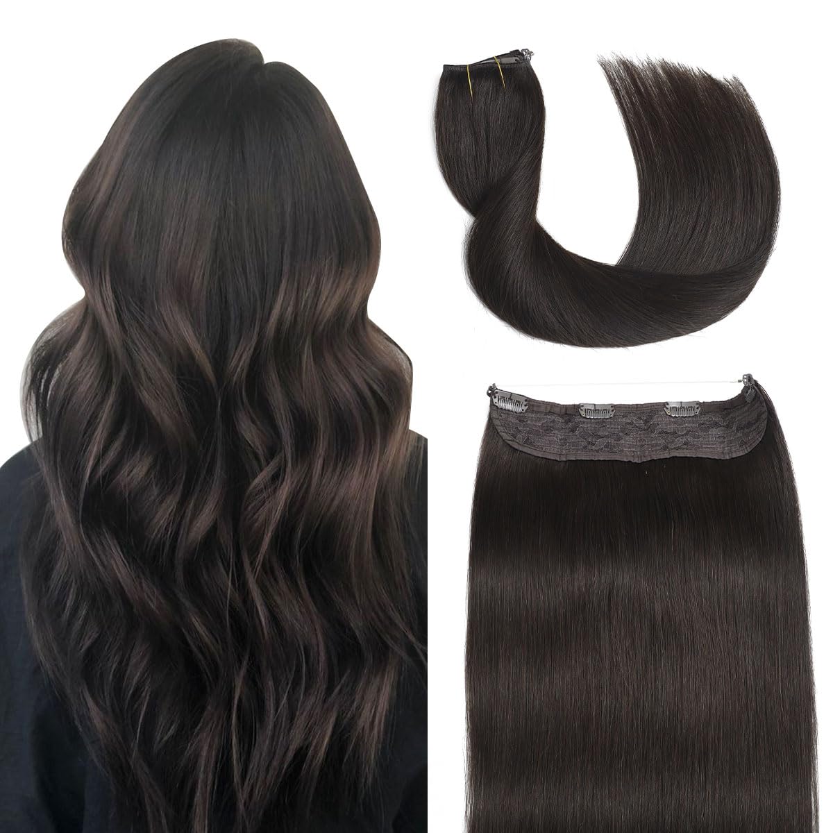 Sindra Wire Hair Extensions Human Hair 70g 14 Inch Dark Brown Wire Human Hair Extensions One Piece Straight Remy Human Hair Extensions for Women(#2-14inch)