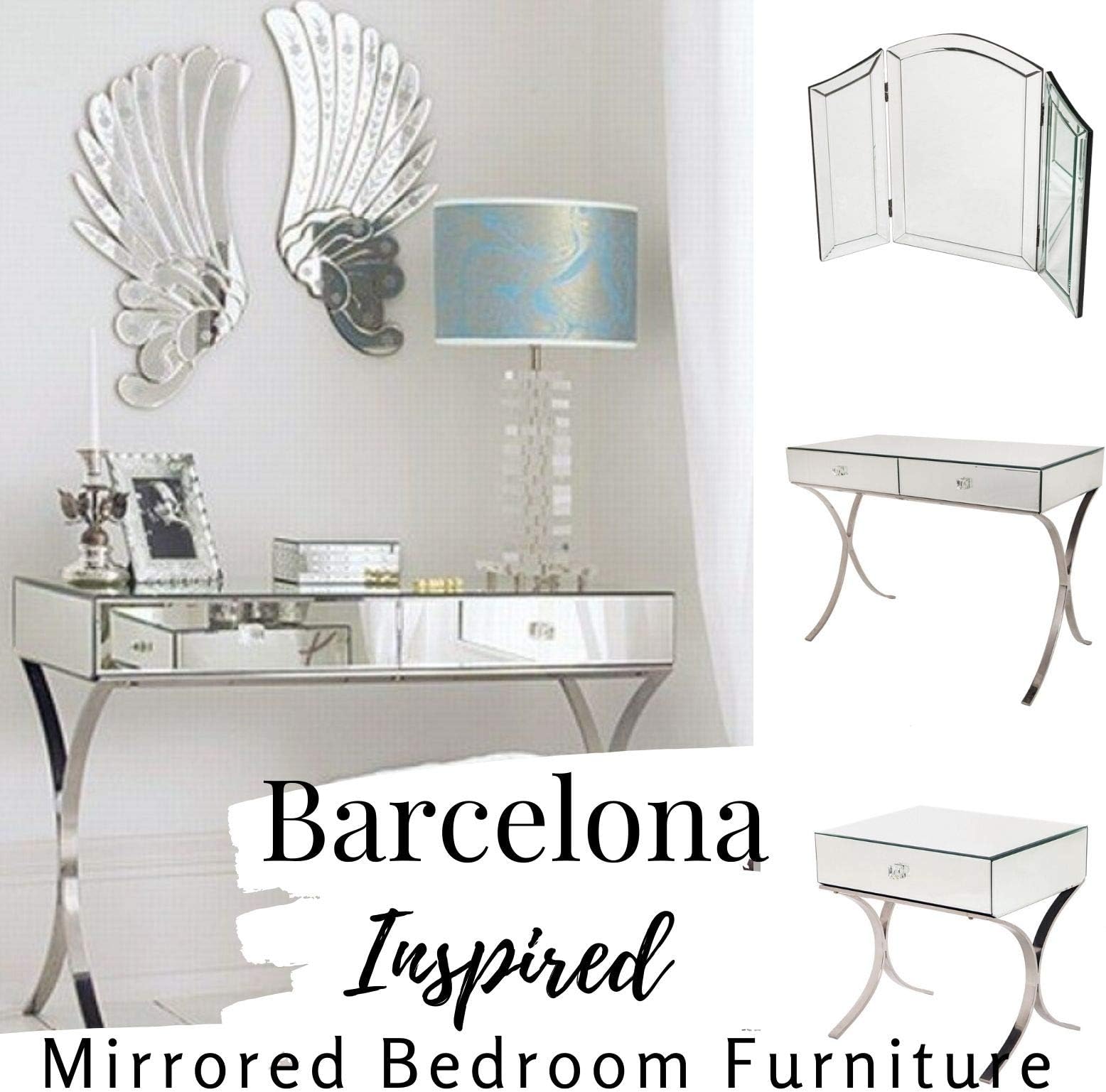 Azura Home Style Marseille Mirrored Bedroom Furniture Set | 2 x mirrored bedside tables | 1 x Mirrored Vanity Dressing Table | 1 x Stool | 1 x Table Top Tri-Fold Makeup Mirror