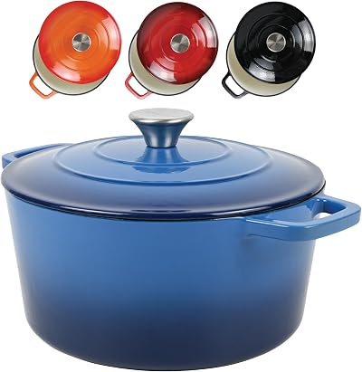 andrew james Cast Iron 5L Round Casserole with Lid Enamel Coated Blue