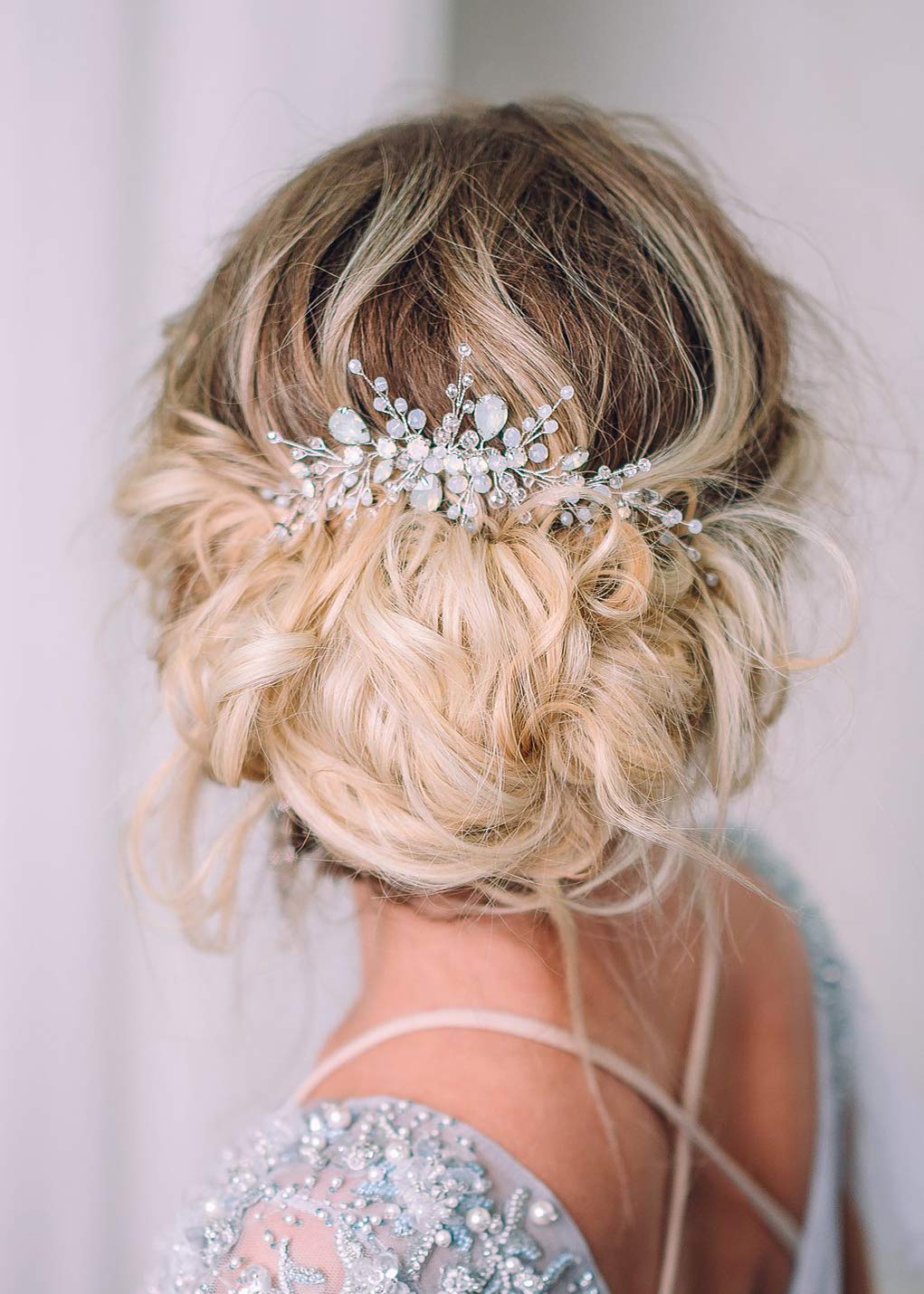 Kercisbeauty Blue Opal Hair Comb for Brides Wedding Bridal Headpiece Side Headband Women Girls Hair Piece Girls Prom Party Crystal Jewelry (Silver)