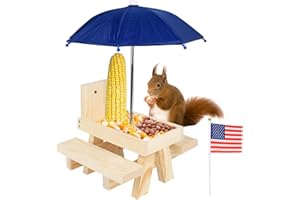 Squirrel Feeder Picnic Table with Umbrella and Flag, Corn Cob Holder & Peanuts Seeds Loader, Gift for Squirrel and Chipmunk Lovers, Garden Ornaments by Aliyoham, Blue Umbrella