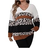 BEAUDRM Women's Plus Size Leopard Printed Striped Sweater Cheetah Color Block Long Sleeve V Neck Pullover Jumper Tops